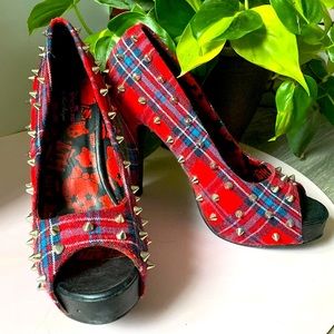 Abbey Dawn platform “What the hell” classic red plaid and spike heels